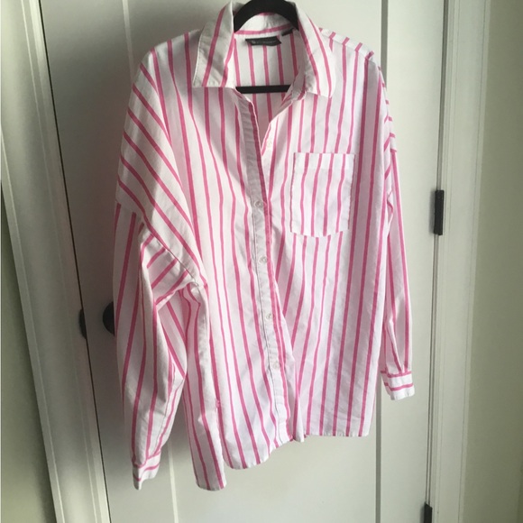 New York & Company Pink and White Striped Button Down Shirt - Picture 1 of 6